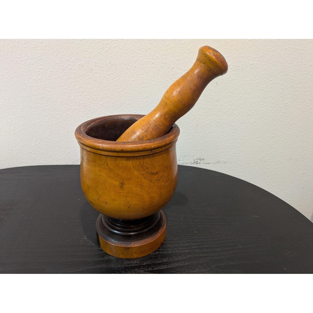 Vintage Wood Mortar Pestle Brown Turned Bowl Rustic Kitchen Tool Decor Primitive